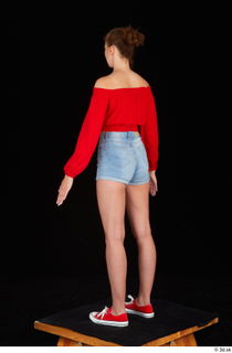 Stacy Cruz blue jeans shorts casual dressed red off shoulder…